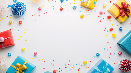 Top view of colorful gifts and confetti on a white background with copy space, creating a vibrant and festive scene; ideal for celebrations, holiday greetings, or party invitations