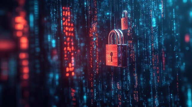 Red and Blue Digital Lock on a Dark Background with Binary Code.