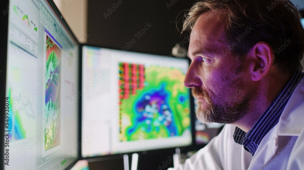 Poster scientist is looking at climate change data on his computer