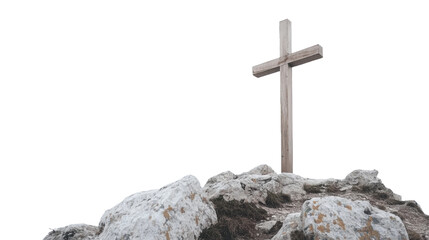 Wooden cross on rocky hilltop isolated on transparent background