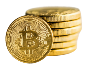 A close-up of Bitcoin coins stacked on a surface isolated on transparent background