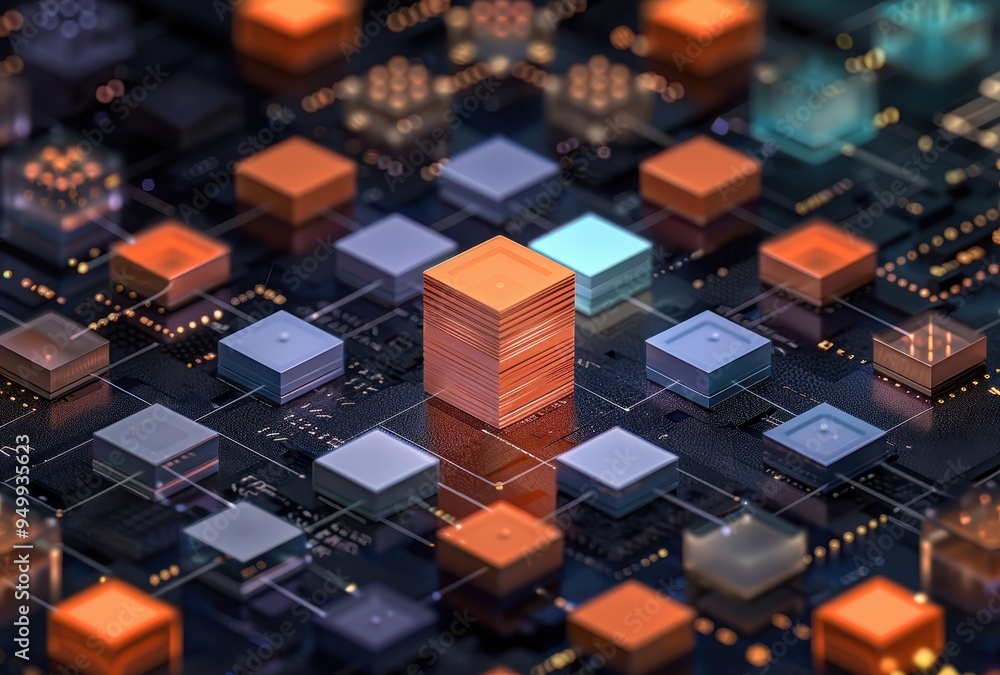 Poster Abstract 3D Render of Colored Cubes on a Circuit Board