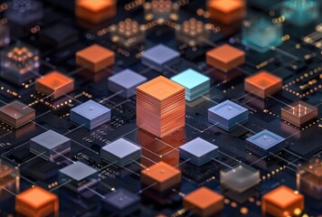 Abstract 3D Render of Colored Cubes on a Circuit Board