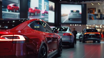 Obraz premium A car dealership event where new car features are demonstrated through video presentations on the tailgate screens