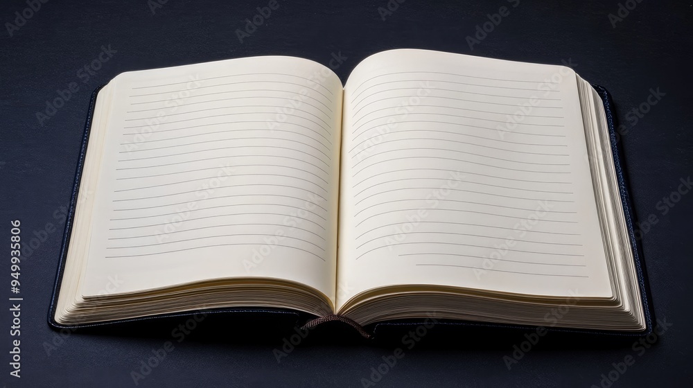 Poster clean open notebook with blank pages, positioned on a dark background, ideal for mockup purposes. -