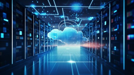 Cloud Computing Concept: Server Room with Cloud Symbol