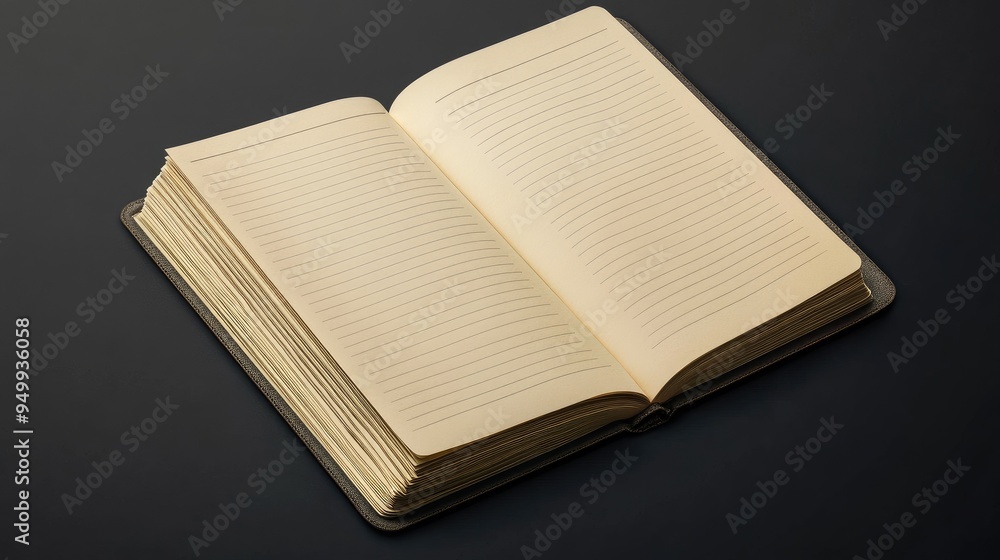 Poster clean open notebook with blank pages, positioned on a dark background, ideal for mockup purposes. -