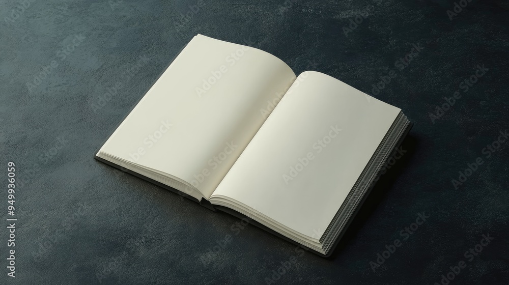 Poster clean open notebook with blank pages, positioned on a dark background, ideal for mockup purposes. -