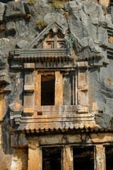 Rock-cut tombs in the ruins of Myra Ancient City in Demre, Turkey.