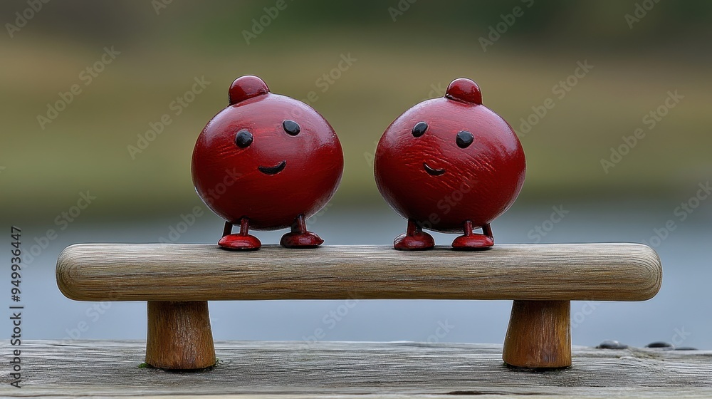 Wall mural two red, round, smiling figurines sit on a small wooden bench with a blurred natural background - ai