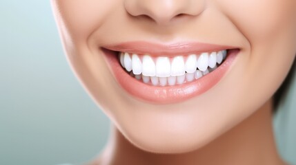 Obraz premium Beautiful female smile after teeth whitening procedure. Dental care. Dentistry concept. Neural network ai generated art