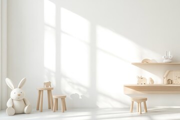 A minimalist and serene children playroom bathed in soft natural light