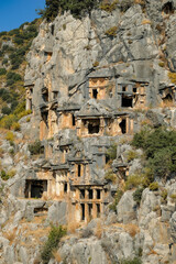 Rock-cut tombs in the ruins of Myra Ancient City in Demre, Turkey.