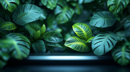 Podium with green leafs. Cosmetics and moisture beauty natural product present placement pedestal promotion display, jungle or summer concept.