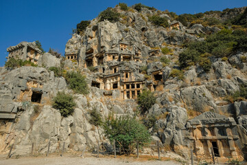 Rock-cut tombs in the ruins of Myra Ancient City in Demre, Turkey.