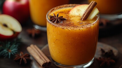 A glass filled with apple cider showcases vibrant colors, topped with slices of fresh apple and a cinnamon stick, evoking a warm autumn atmosphere.