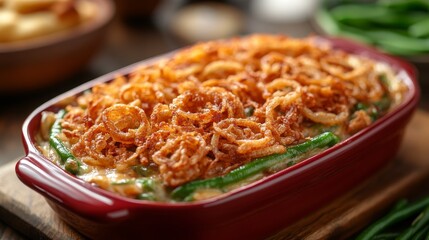 A hearty green bean casserole filled with tender beans and creamy sauce, topped with crispy onion rings for added flavor and texture during a family gathering.