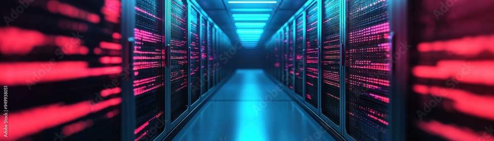 Poster illuminated corridor in a modern data center showcasing rows of servers with vibrant blue and red li