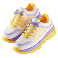 A detailed 3D render of a pair of yellow and purple sports shoes. Great model for footwear design enthusiasts and for those looking to illustrate modern sneaker designs.