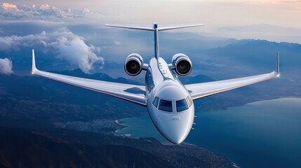 Fototapeta premium A sleek private jet flies high above the clouds, with a stunning aerial view of mountains and the landscape below - AI Generated Digital Art.