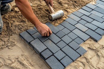 A person laying down interlocking pavers to create a pathway or patio