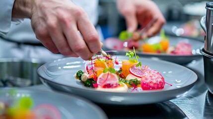 Delicious pancakes with berries and fruits on white plate, closeup