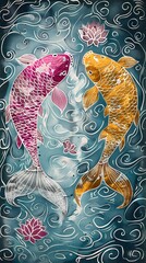 Pink and gold koi lotus illustration poster background