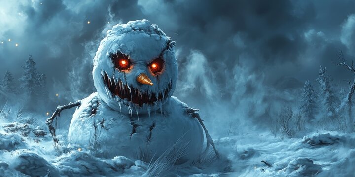 Scary snowman lurking menacingly in a snowy landscape
