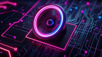 A futuristic speaker resting on a circuit board with vibrant neon colors illuminating the design