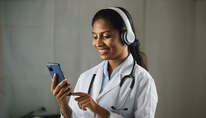 doctor physician with headphones hearing a medical podcast or medical news