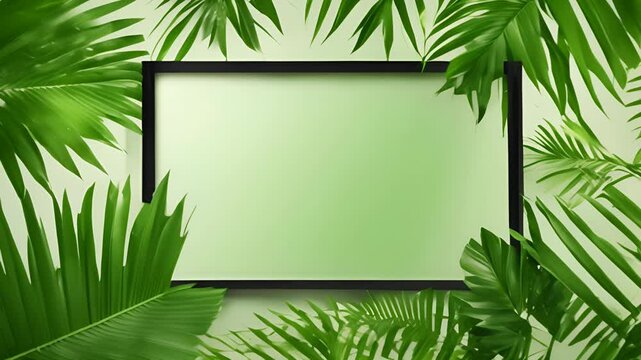 A black frame with a green background and a large green leaf in the middle