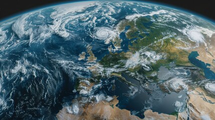 Planet earth rotating showing europe from space with atmospheric storm clouds