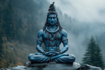 Fototapeta premium Meditative blue-skinned deity Lord Shiva seated in a mountainous landscape.