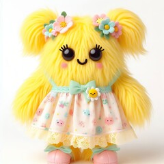 Fototapeta premium fluffy yellow monster, wearing pastel cute dress, white background