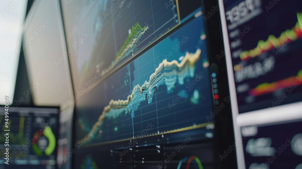 Poster stock market data and charts displaying on multiple screens in office