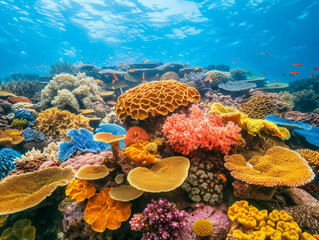 A colorful coral reef with many different types of fish and plants. The colors are bright and vibrant, creating a lively and energetic atmosphere