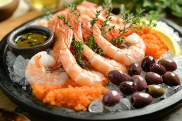 A seafood platter featuring fresh shrimp olive served on a bed of crushed ice