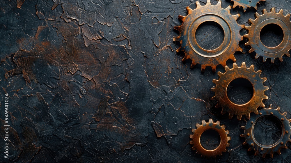 Leinwandbilder Rusty gears lying on dark textured background with copy space