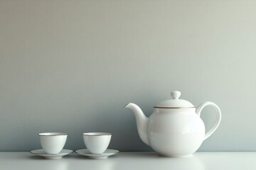 Fototapeta premium White Teapot and Two Cups on a White Surface
