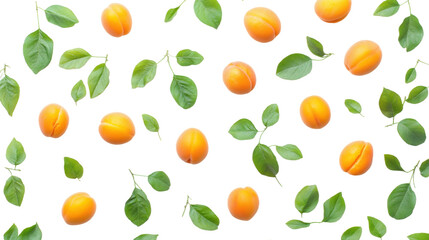 Fresh apricots and green leaves arranged artfully isolated on transparent background