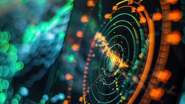 Radar detecting signal over city with blurred lights background