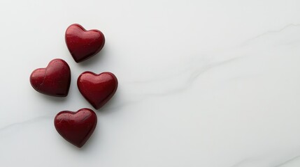 Fototapeta premium Elegant layout of three matte red heart-shaped stones on a matte white surface, offering a clean, minimalist aesthetic.