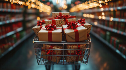 Shopping cart with christmas presents wrapped and ready to be delivered. Christmas shopping. Xmas presents