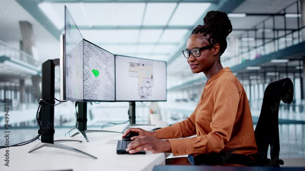 Poster Developer Looking At Land Plot Map And Cadastre Plan