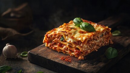 A large lasagna with a basil leaf on top
