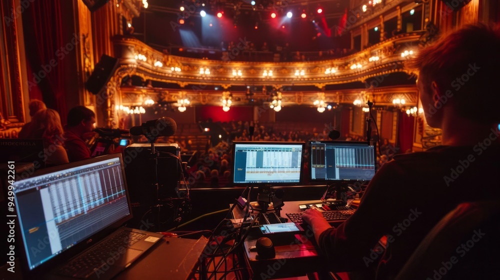 Poster a man is sitting in front of two computer monitors in a large theater