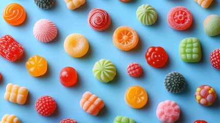 Assorted different colourful shapes candy varieties scattered on a blue background