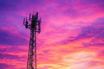 Obraz premium A telecommunications tower silhouetted against a sunset sky with hues of pink purple and orange