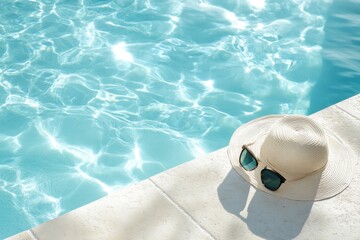 Obraz premium A tranquil scene by a poolside featuring a sun hat and sunglasses placed on the edge of the pool