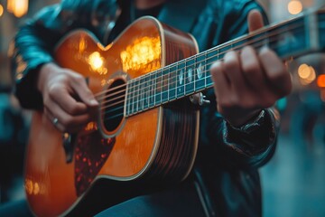 Obraz premium Close-up of a Man's Hands Playing an Acoustic Guitar